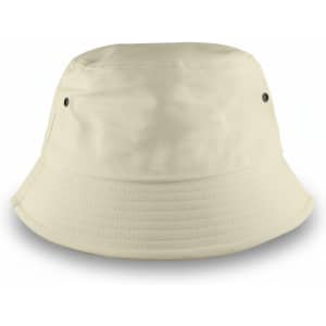 A medium, beige bucket hat featuring ventilation eyelets and a flat brim. It has a branding logo.