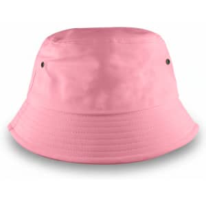 A pink bucket hat with a wide brim and ventilation holes. Features a branding logo on the exterior.