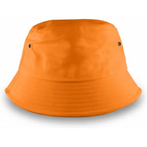 An orange bucket hat featuring a simple design and metal eyelets for ventilation.