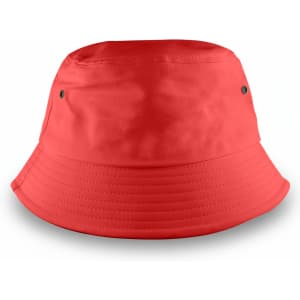 A medium-sized bucket hat in bright red with two side vents and a smooth finish. It features a logo on the exterior.