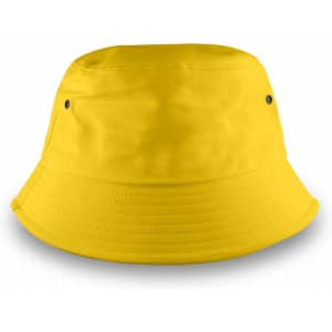 A yellow bucket hat with a wide brim and two black eyelets, featuring a simple design without any visible branding.