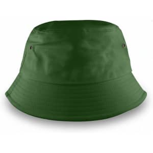 A green bucket hat with a wide brim and eyelets, Featuring a logo on the side.