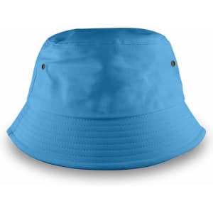 A blue bucket hat featuring a wide brim and small ventilation holes. It includes a discreet logo.