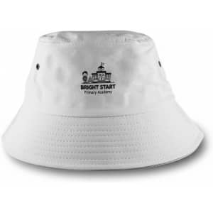 A white bucket hat featuring a logo and a wide brim, designed for outdoor wear.