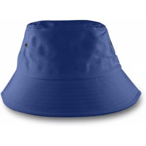 A blue bucket hat with a rounded top and a wide, downward-sloping brim. It features ventilation holes.