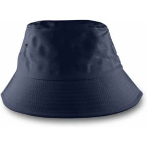A navy blue bucket hat with a wide brim and a logo. Suitable for casual wear or outdoor activities.