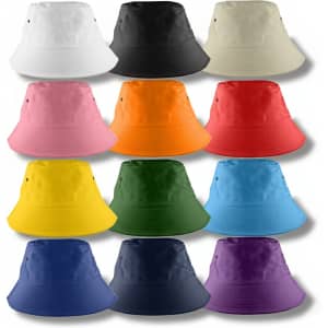 A collection of Long Beach bucket hats in various colours including white, black, pink, orange, green, and blue.