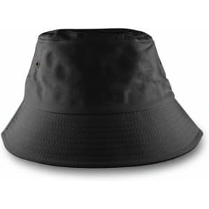 A black bucket hat with a wide brim, featuring a logo.