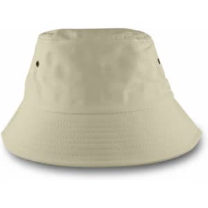 A beige bucket hat with a rounded crown and wide brim, featuring air vents on the sides.