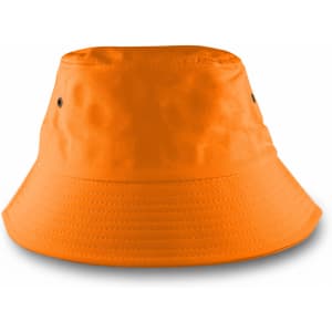 An orange bucket hat with a wide brim and eyelets for ventilation. It has a simple, smooth design.