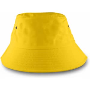 A yellow bucket hat with a wide brim and ventilation holes. It has a smooth texture and a simple design.