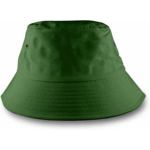 A green bucket hat with a wide brim and ventilation holes, featuring a logo on the front.