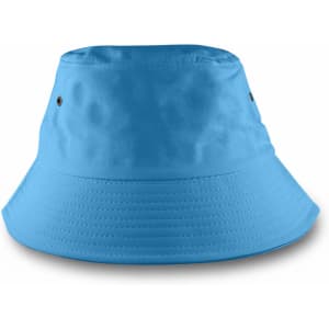 A blue bucket hat with a wide brim and eyelet details, featuring a simple design.