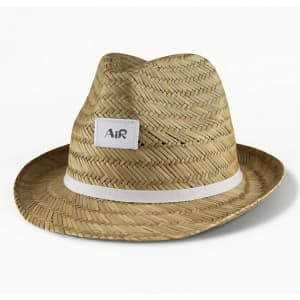A Panama straw hat in natural tan with a white band and a logo on the side.