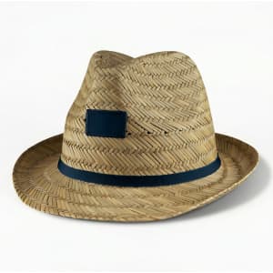 A Panama straw hat in natural tones with a navy blue band and an attached logo.