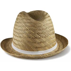 A Panama straw hat in a natural tan colour with a white band around the base. It features a classic, woven design.