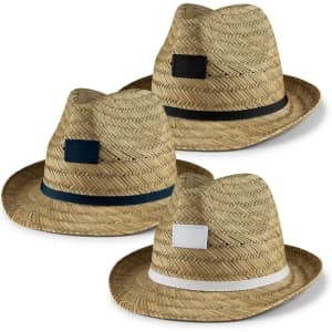 A set of three Panama straw hats in natural straw colour, featuring black, navy, and white bands. Each hat has a logo.