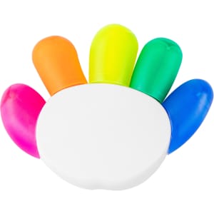 A highlighter set in a hand shape featuring orange, yellow, green, blue, and pink colours with a white base and branding.