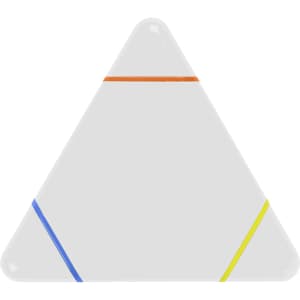 A triangular highlighter with orange, blue, and yellow accents on a white body. It has a logo on the surface.