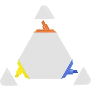 A triangular highlighter set featuring orange, blue, yellow, and white colours, with removable ends.