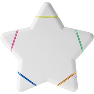 A star-shaped highlighter in white, featuring coloured bands in pink, yellow, blue, and green. It has a logo.