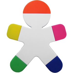A five-coloured highlighter shaped like a person, featuring orange, white, yellow, pink, and blue sections.