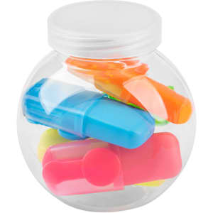 A jar filled with highlighters in various bright colours, including blue, pink, orange, and green. The jar has a white lid.