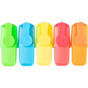 A set of five highlighters in green, blue, yellow, pink, and orange, featuring a circular end and a clip for attachment.