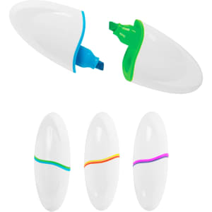 An oval highlighter set featuring vibrant green, blue, orange, and purple tips in a sleek white casing with branding.