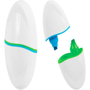 An oval highlighter in white with green and blue accents, featuring a cap that reveals two coloured tips.