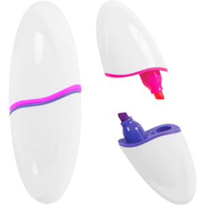 An oval highlighter featuring white casing with pink, orange, and purple highlighting tips. The product also has a logo.