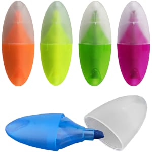 A set of mini highlighters in orange, yellow, green, pink, and blue, featuring rounded caps and a logo.