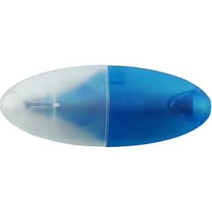A mini highlighter with a transparent and blue plastic casing, featuring a logo.