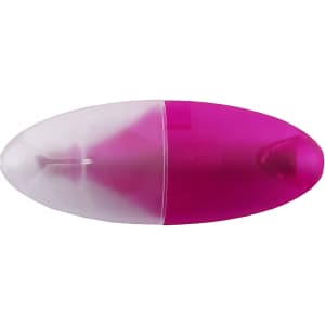 A mini highlighter featuring a pink body and a transparent cap, with a sleek oval shape. It has branding on the surface.