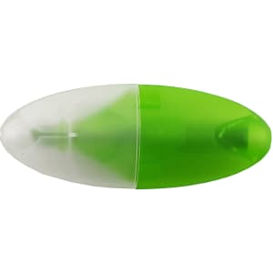 A mini highlighter featuring a green and clear design, with a smooth oval shape and a logo on the surface.