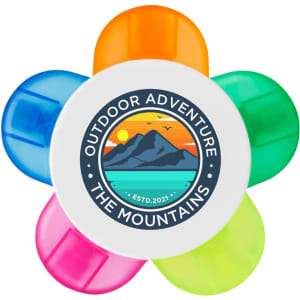 A flower-shaped highlighter set featuring pink, green, blue, orange, and yellow segments, with a central logo.