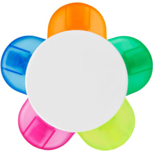 A flower-shaped highlighter with orange, blue, green, pink, and clear petals, centred with a white circular base.
