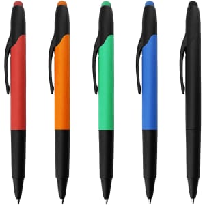 A set of five stylus pens in red, orange, green, blue, and black, featuring black grips and clips.