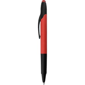 A red and black stylus pen highlighter with a sleek design and clip for easy attachment.