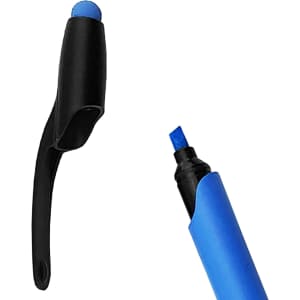 A blue stylus pen highlighter with a black cap, featuring a soft tip for touchscreen use and a highlighting end.