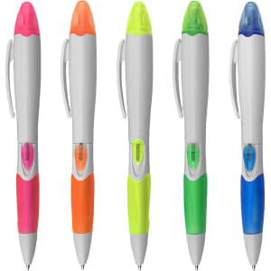 A set of five highlighter pens featuring orange, pink, green, and blue accents, with a white body and brand logo.
