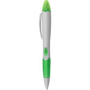 A pen highlighter with a green top and grip, featuring a grey body and a logo on its side.