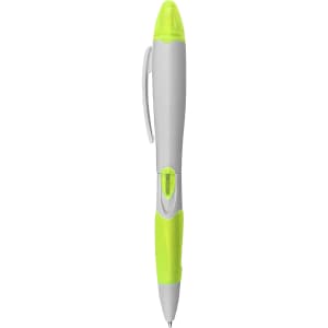 A highlighter pen in grey and bright green, featuring a clip and a logo.