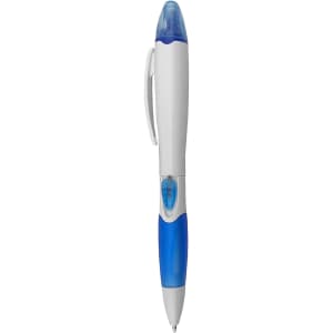 A highlighter pen featuring a blue and white design, with a cap and a branding logo.