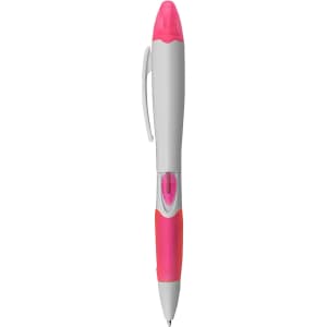 A highlighter pen in pink and grey, featuring a clear barrel and a clip for easy attachment.