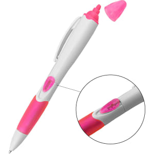 A highlighter pen in pink and white, featuring a retractable tip and a branding logo on the side.