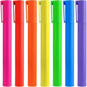 A set of jumbo highlighter pens in pink, red, orange, yellow, green, blue, and purple, featuring a textured grip and clips.