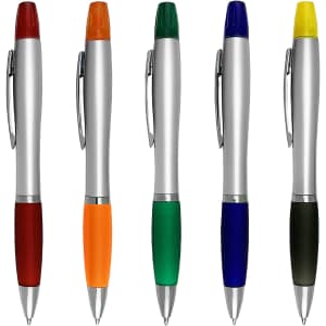 A set of five highlighters with silver barrels and coloured caps in red, orange, green, blue, and black. Each has a clip.