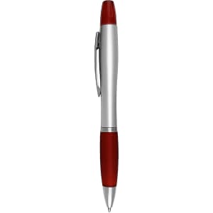 A highlighter pen with a silver body and red grip, featuring a clip and a rounded red cap.