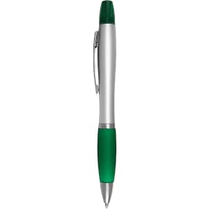 A green and silver highlighter pen with a grip and a clip. Features a logo on the barrel.